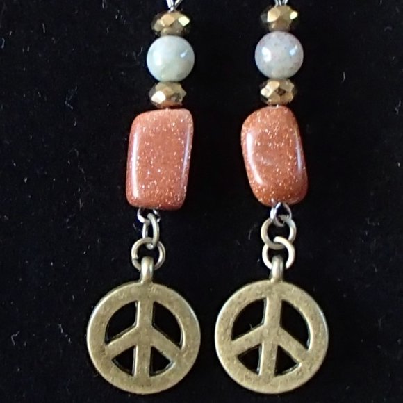 Speckled Goldstone Labradorite Gemstone Earrings Rondelle Spacers Brass Peace - Picture 10 of 13